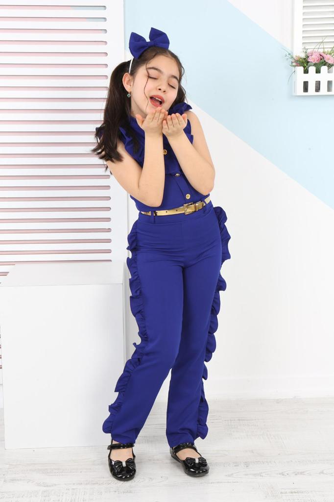 Female Kids Belted Jumpsuits- Blue
