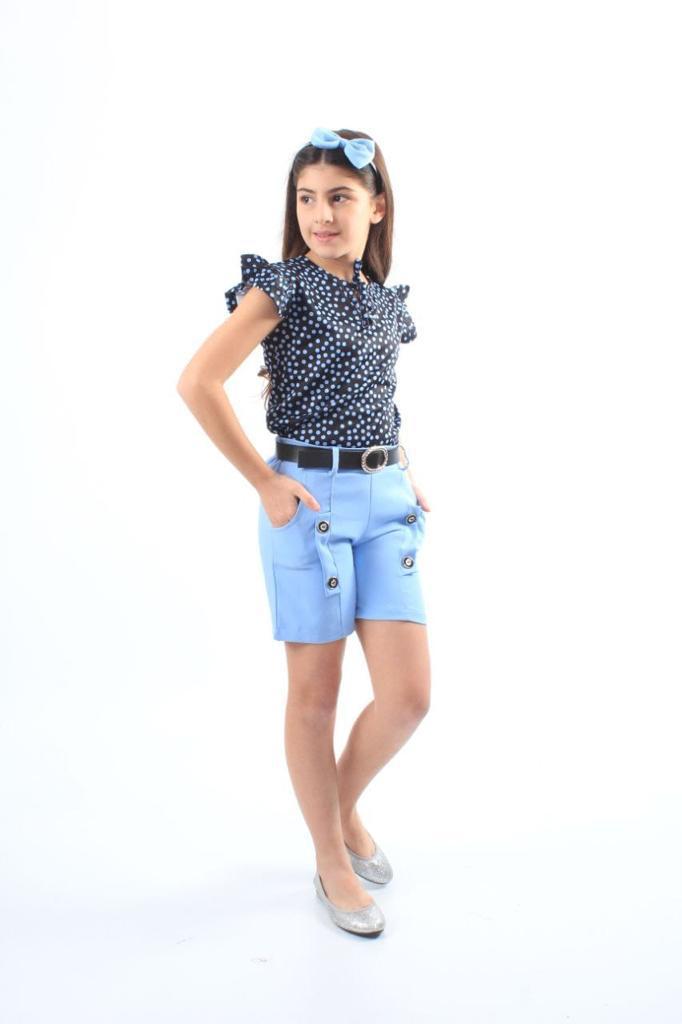 Kid Girls Floral Short Sleeves Blouse and Denim Short Pants