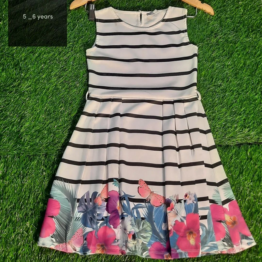 Female Black and White Stripped Flower Design Gown - Kid